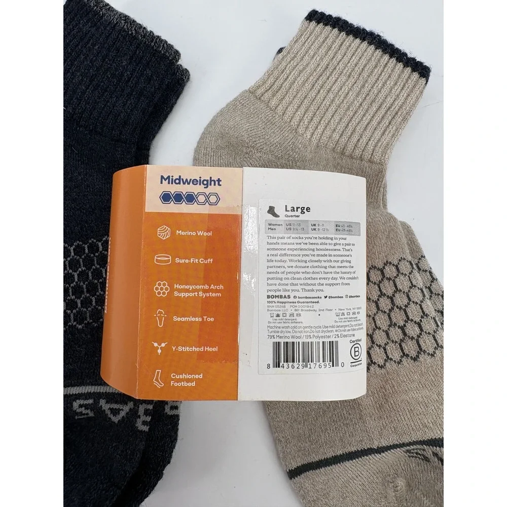 Bombas 2 Pairs Merino Wool Midweight Quarter Socks Beige & Navy, Large, NEW